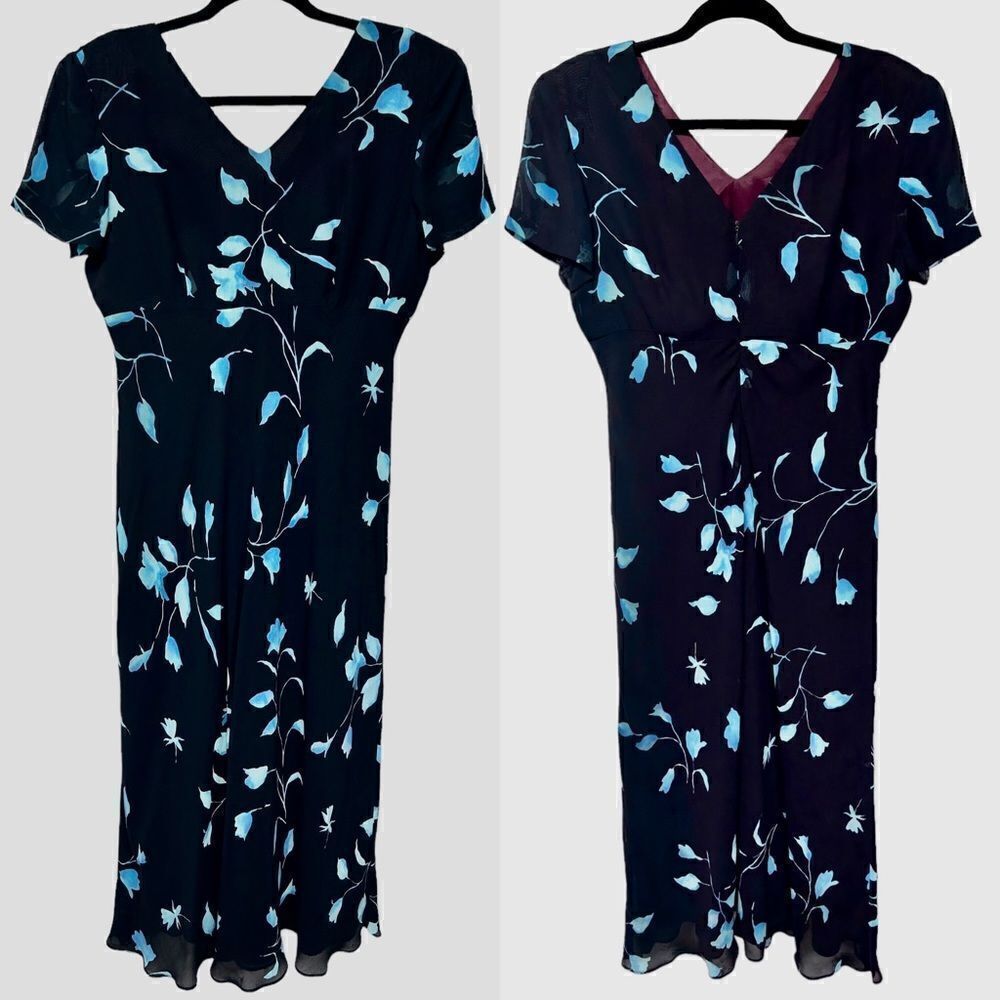 Vintage Coldwater Creek Black Blue Flowers Short Sleeve Floral Midi Dress V-neck